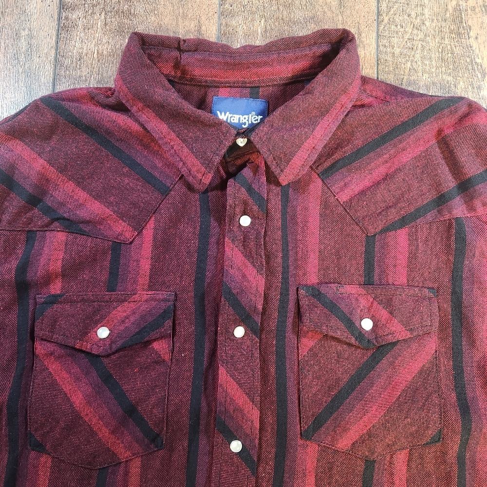Wrangler Western Shirt Red Black Pearl Snap Woven Striped Flannel Mens Size XXL - Picture 3 of 8